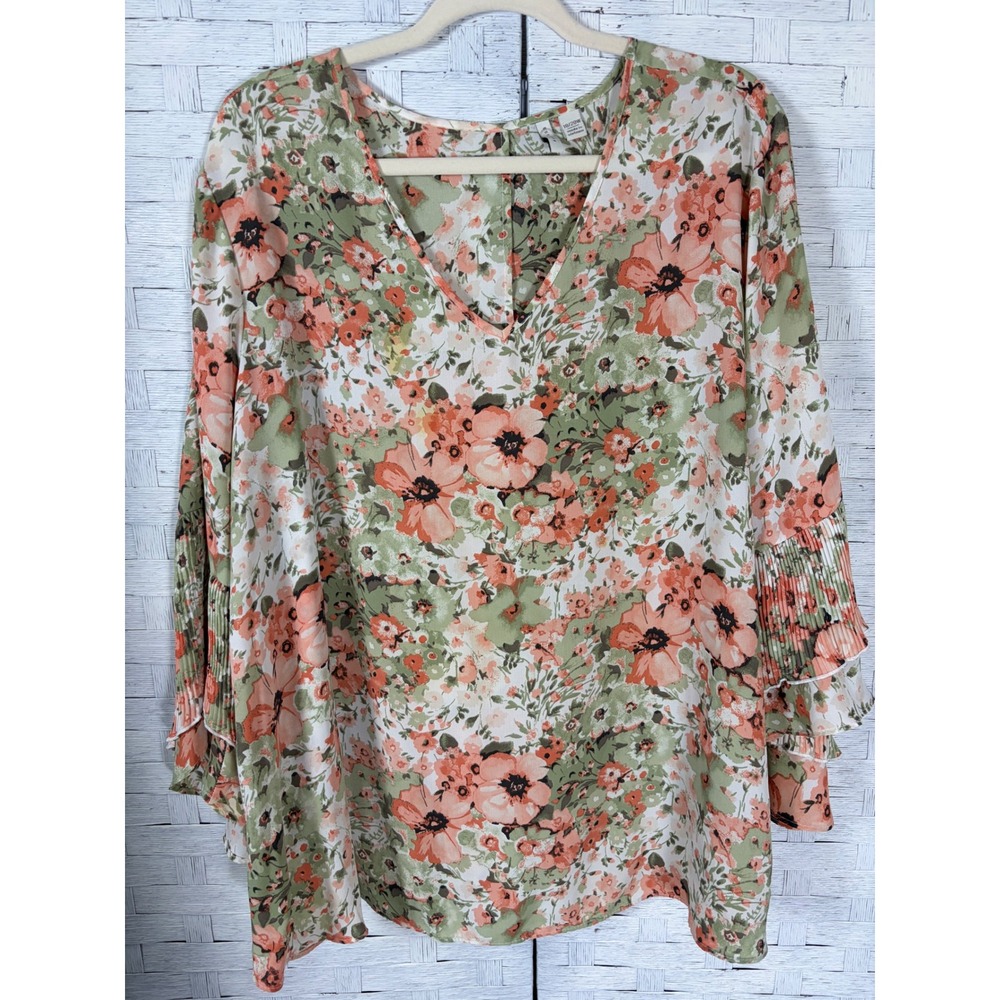 Est. 1946 Womens Blouse Floral V-Neck Pleated Bell Sleeve Feminine Plus Size